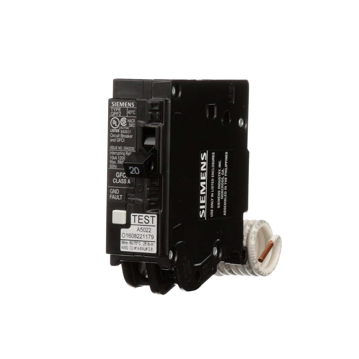 Siemens QF120A GFCI circuit breaker front view for versatile installations and plug-in ease