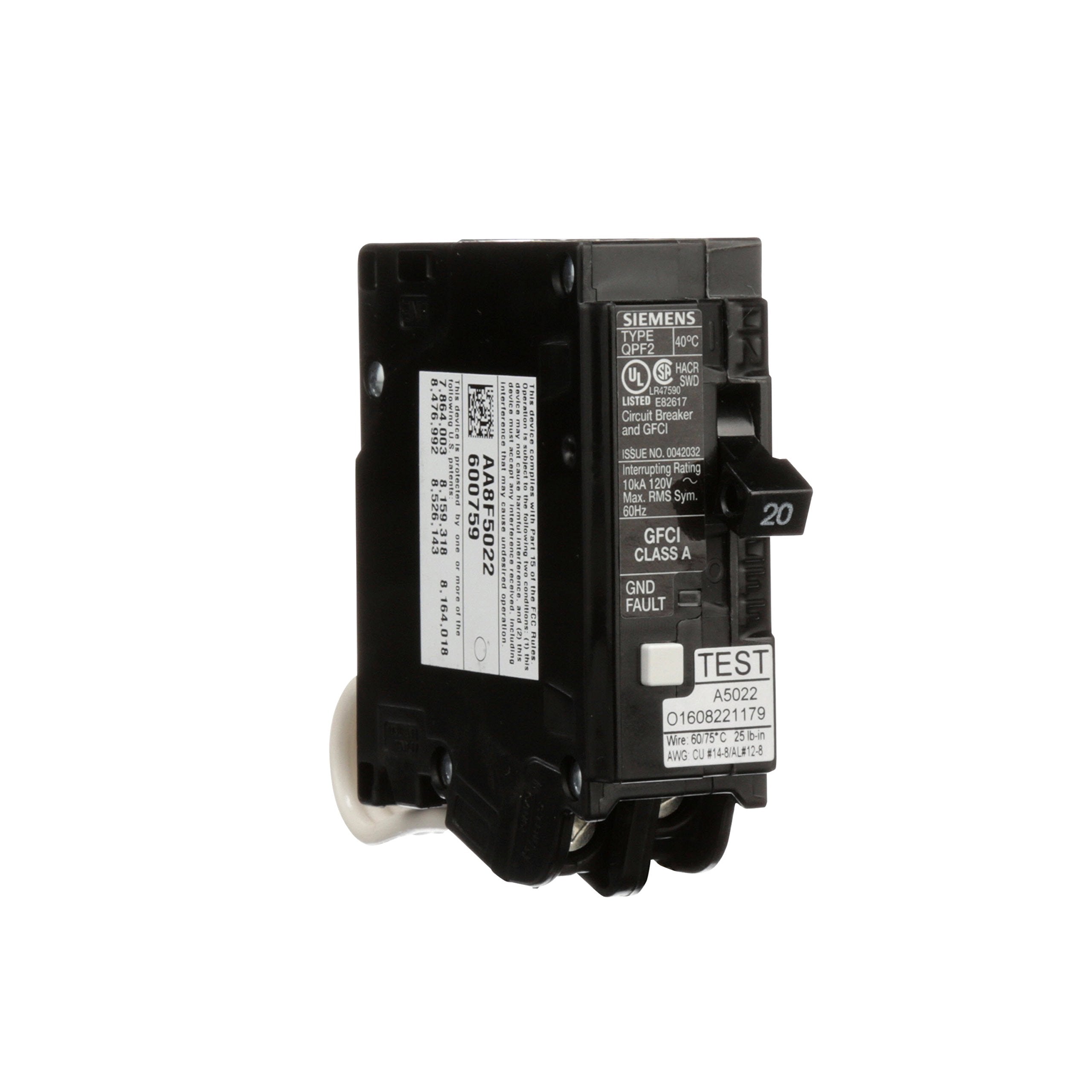 Siemens QF120A GFCI installation close-up showing wiring terminals and secure mounting