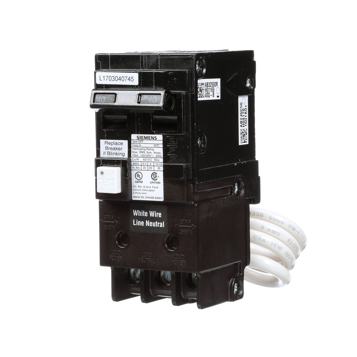 Siemens QF240A front view showing self-test ready GFCI protection.