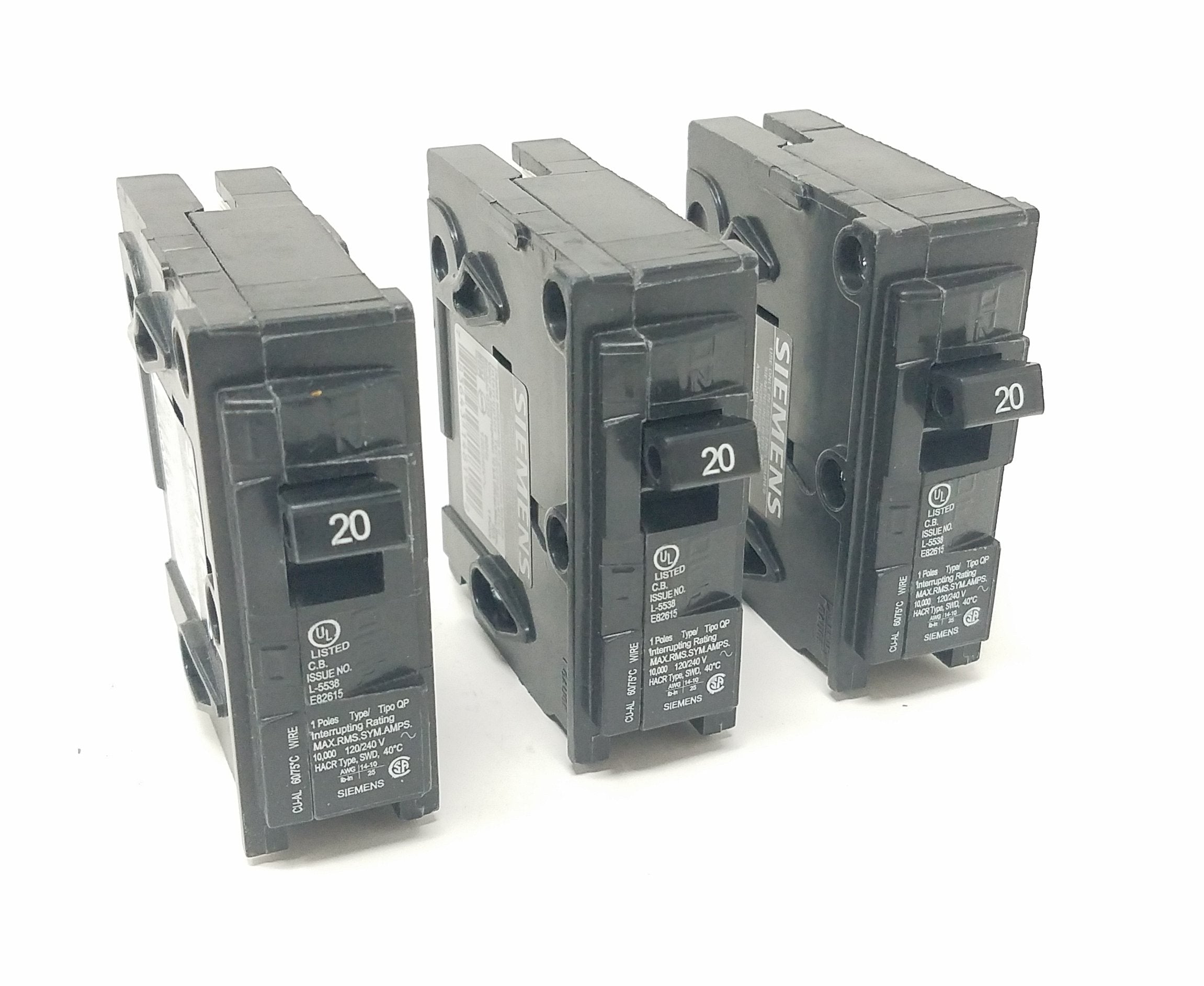 Front view of Siemens QP Q120 3-pack circuit breaker for overload protection.