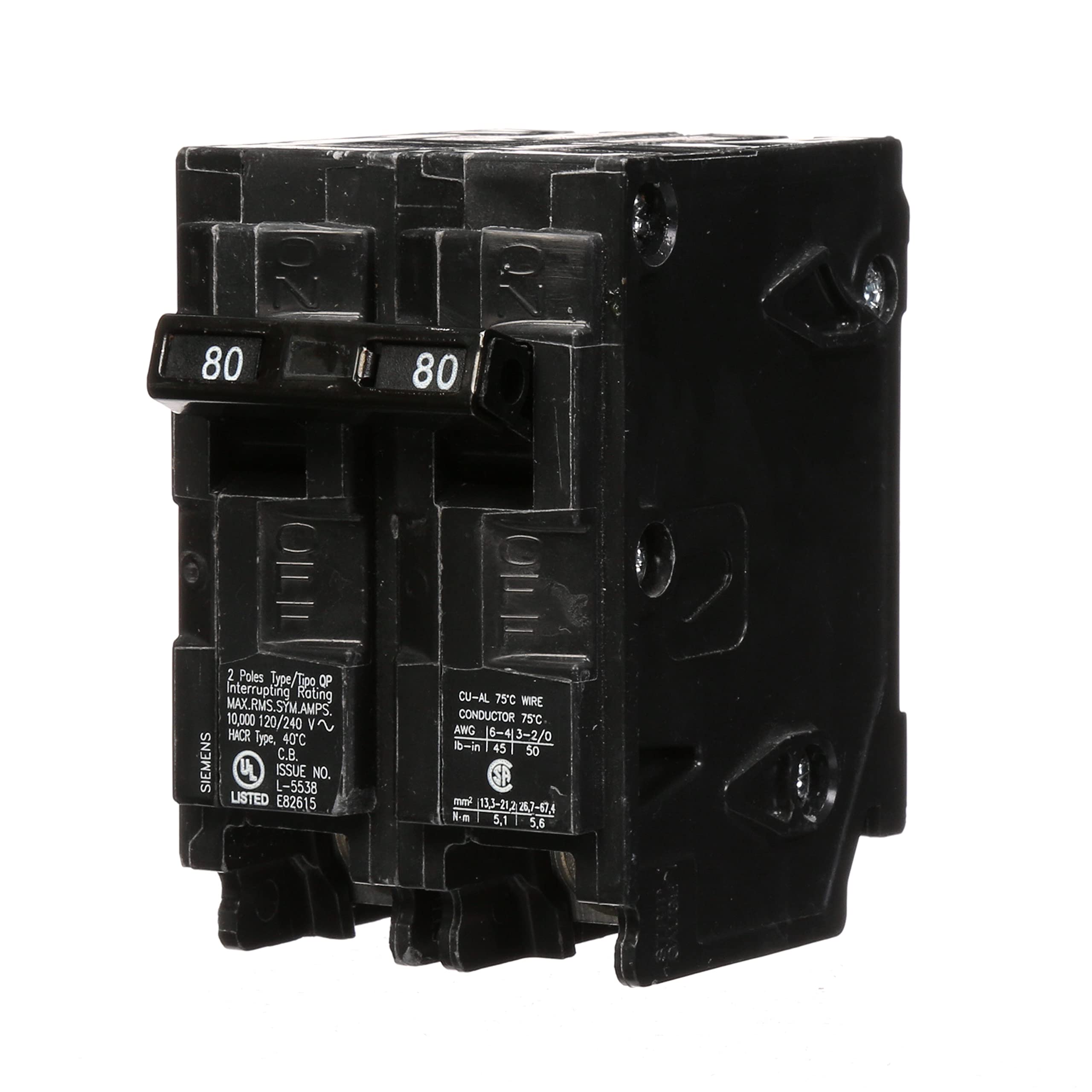 Siemens QP80A double-pole circuit breaker for overload protection.