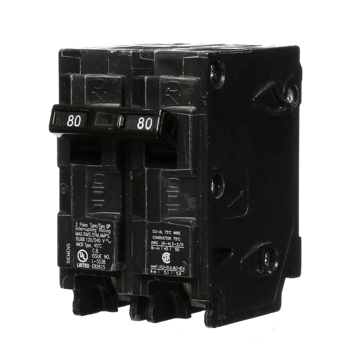Siemens QP80A double-pole circuit breaker for overload protection.