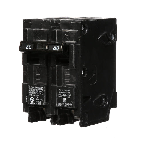 Siemens QP80A double-pole circuit breaker for overload protection.