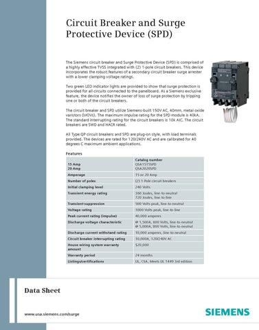 Siemens QSA1515SPD device with two included single-pole breakers maintains panel space and protection.