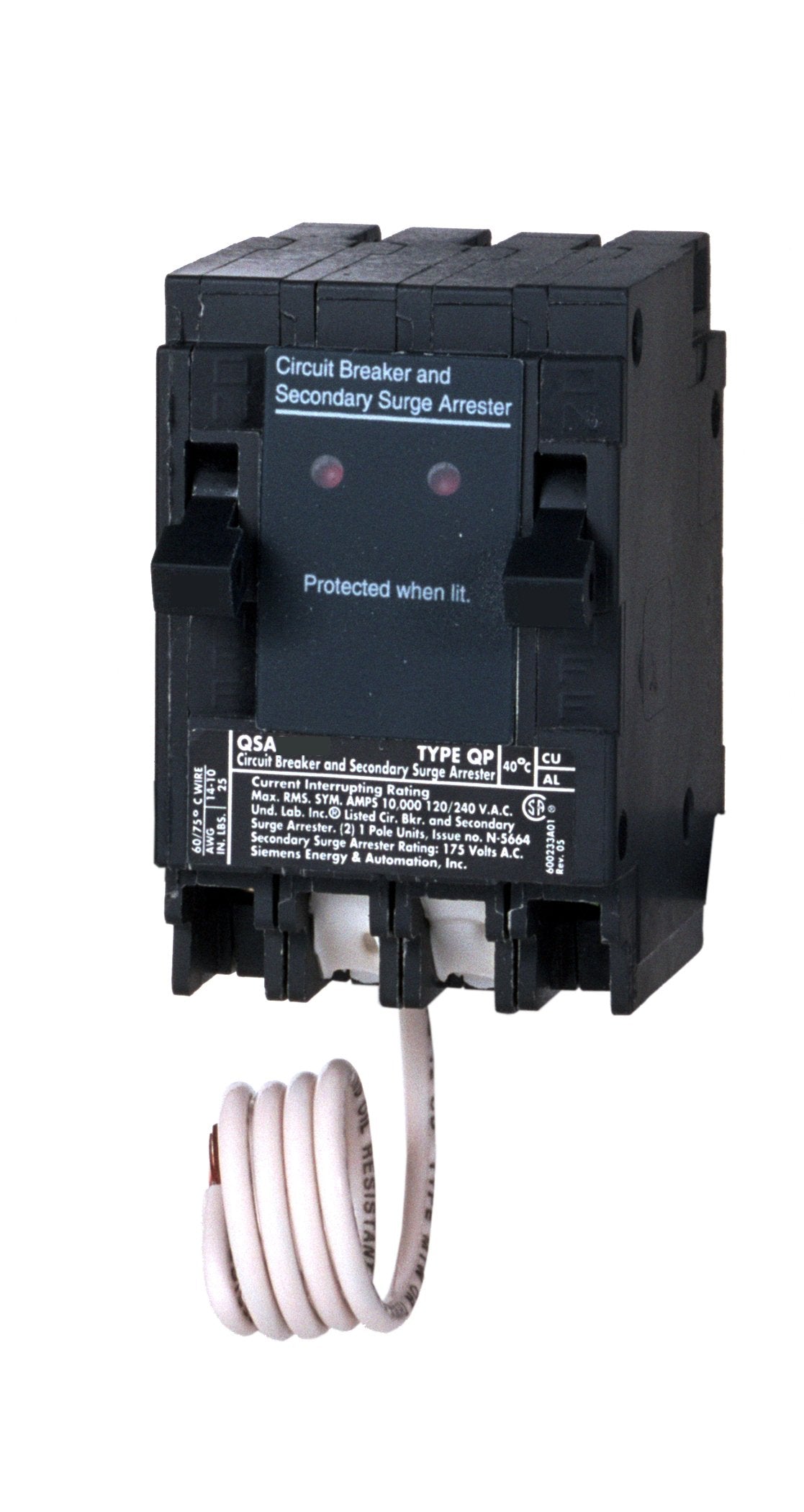 Siemens QSA1515SPD whole-house surge protector installed in a panel, protecting all circuits.