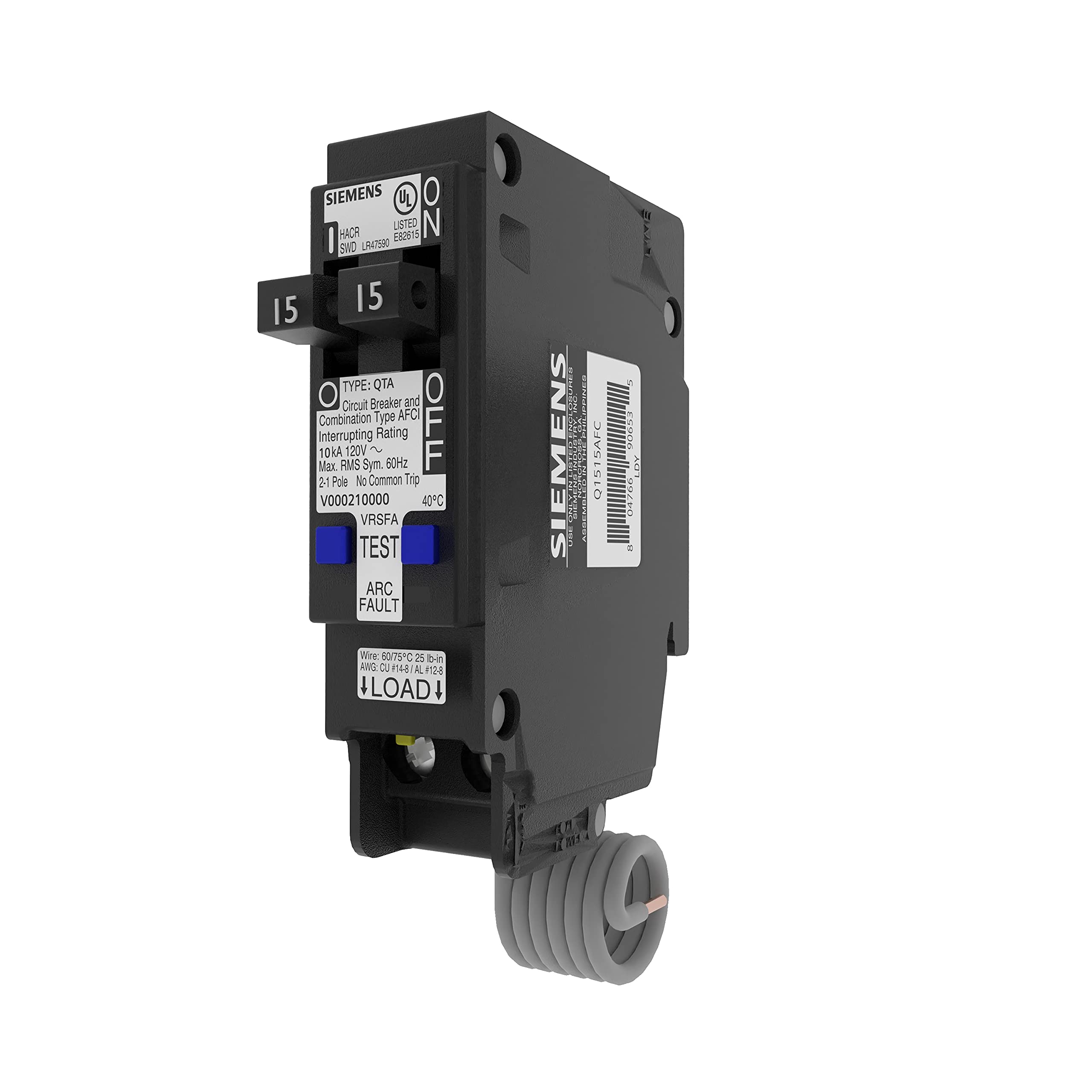 Siemens tandem CAFCI QTA breaker front view with two 15A feeds for space-saving panels.