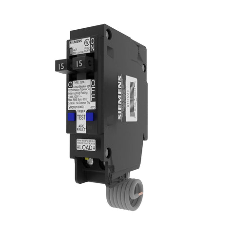 Siemens tandem CAFCI QTA breaker front view with two 15A feeds for space-saving panels.