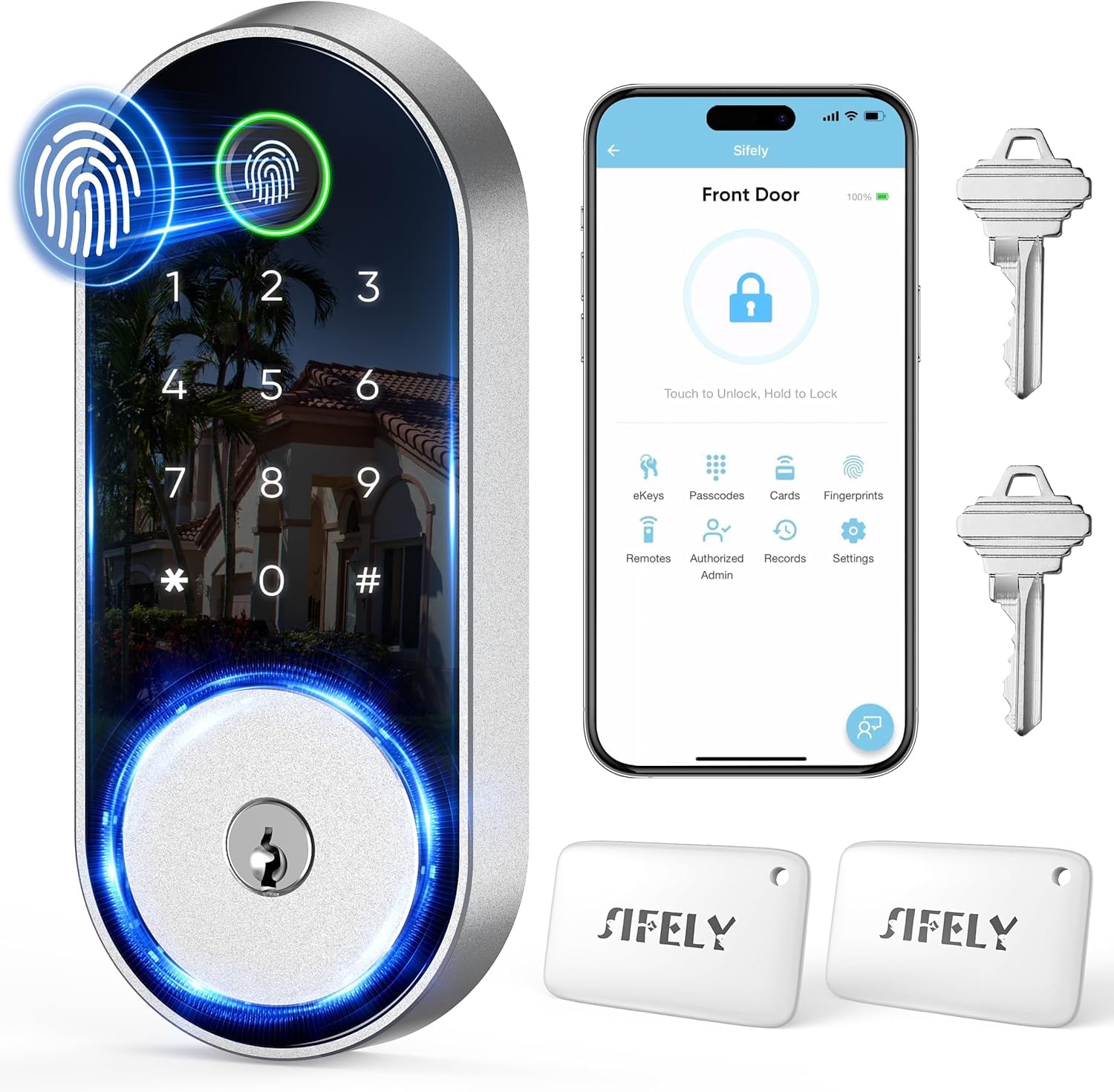 Sifely Bluetooth fingerprint deadbolt front view with keypad for keyless entry