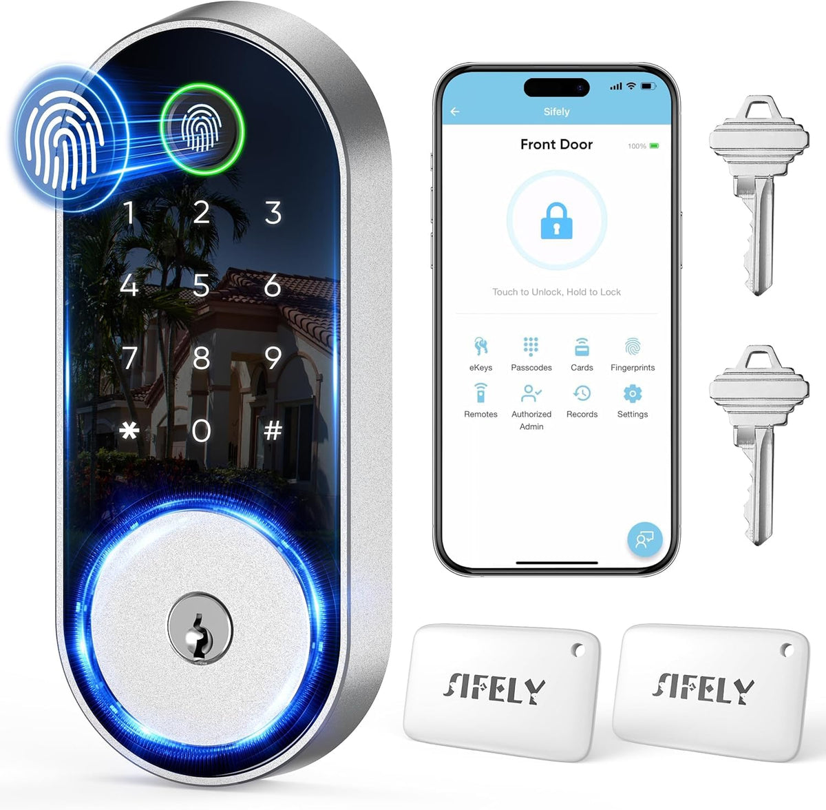 Sifely Bluetooth fingerprint deadbolt front view with keypad for keyless entry
