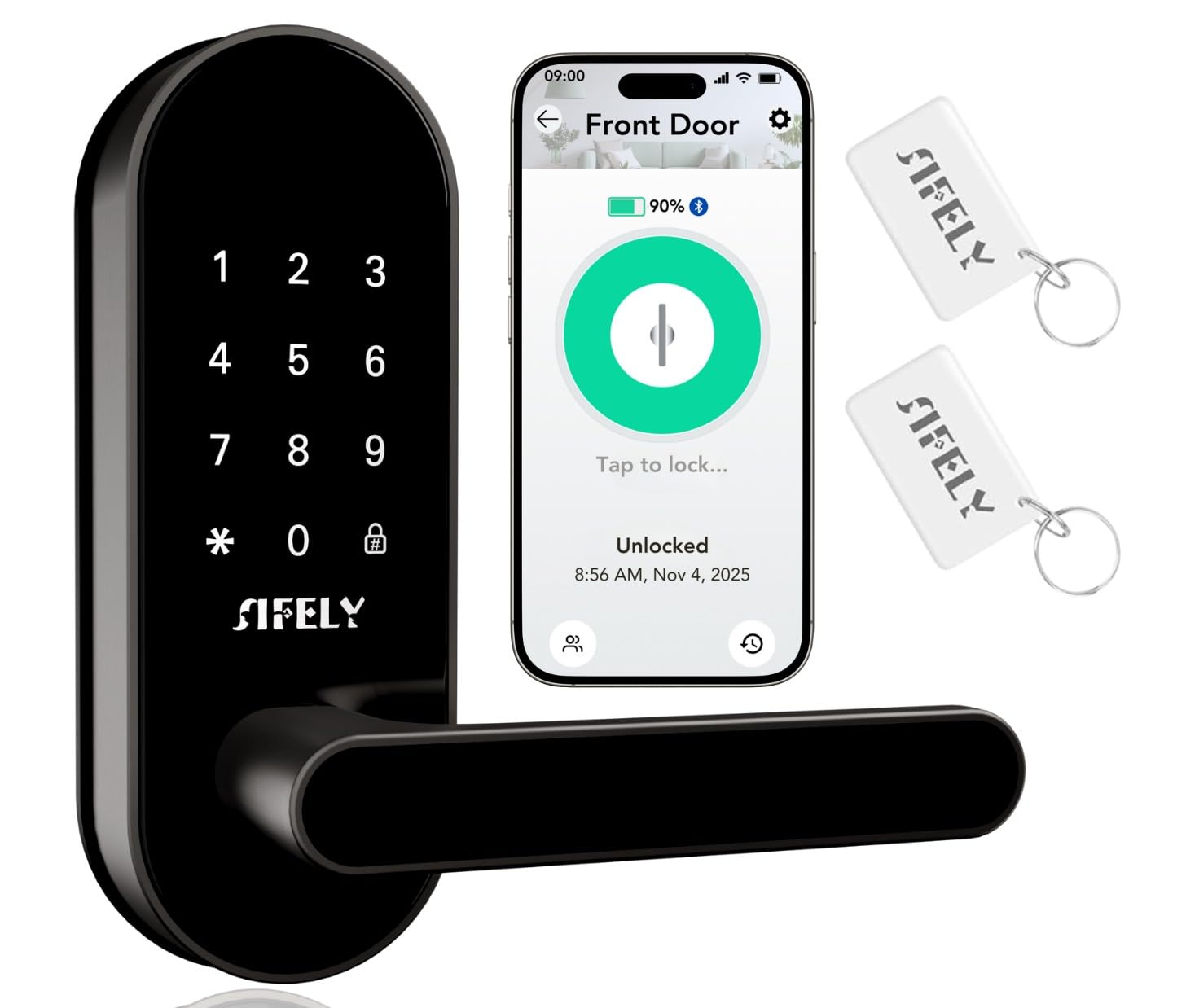 Sifely keypad lock on a front door enables convenient code entry.
