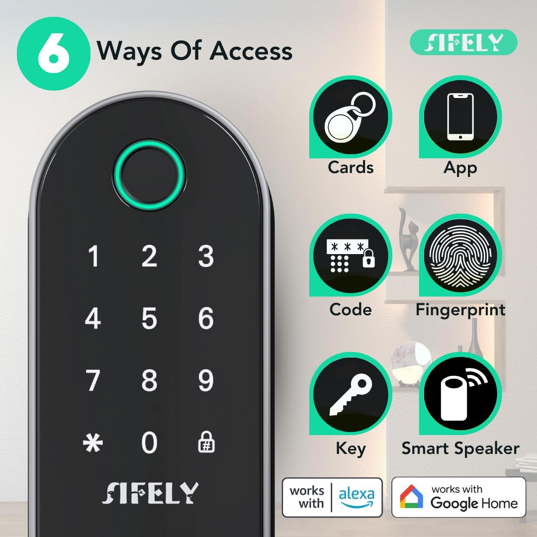 Sifely six unlock methods including fingerprint, code, card, app, key, and voice control.