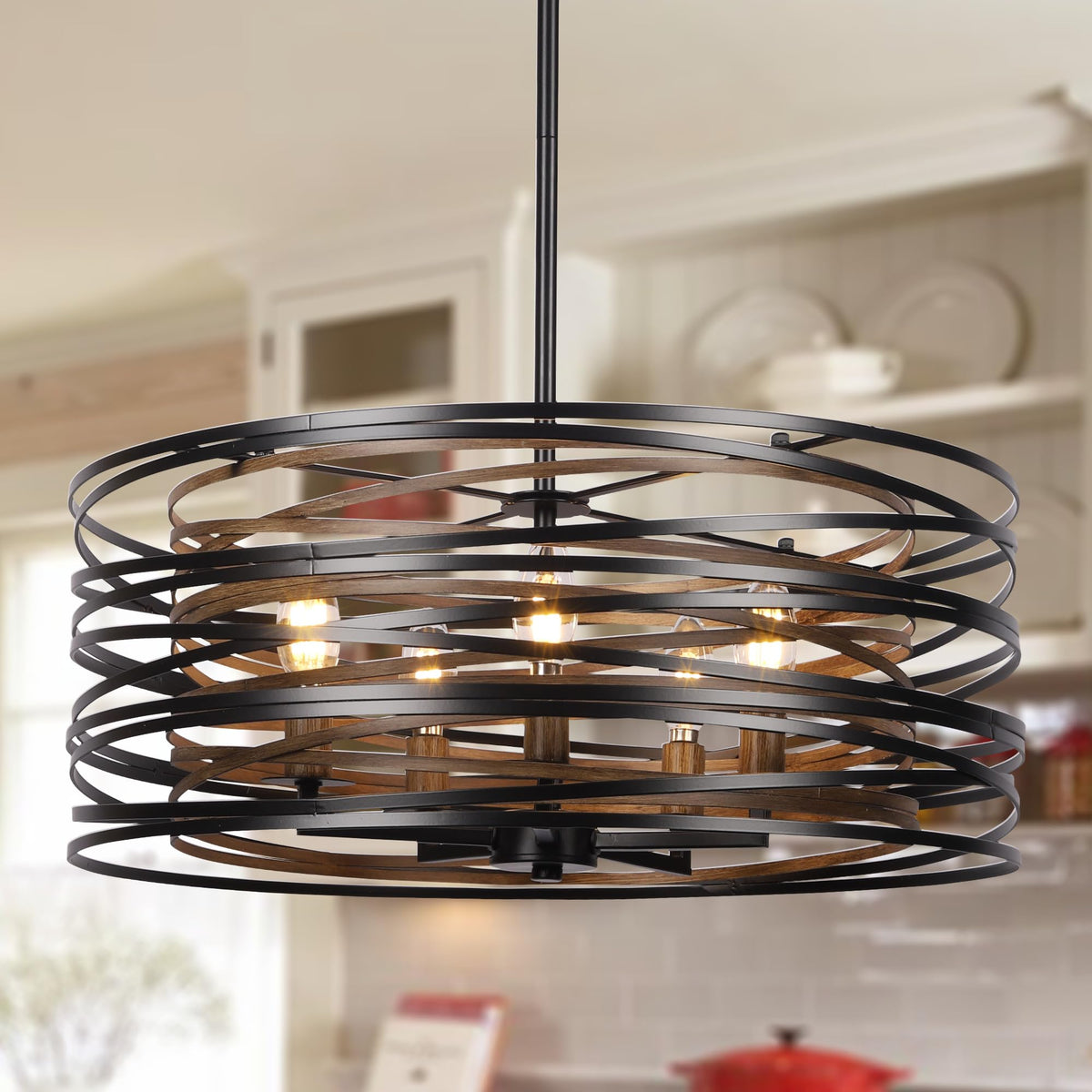 Sigaitwei 5-light drum chandelier over dining table for warm farmhouse ambience.