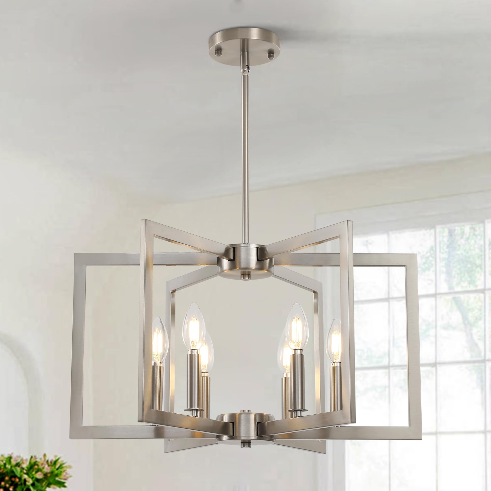 Sigaitwei 6-light geometric chandelier with brushed nickel finish brightens modern dining spaces.