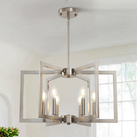 Sigaitwei 6-light geometric chandelier with brushed nickel finish brightens modern dining spaces.