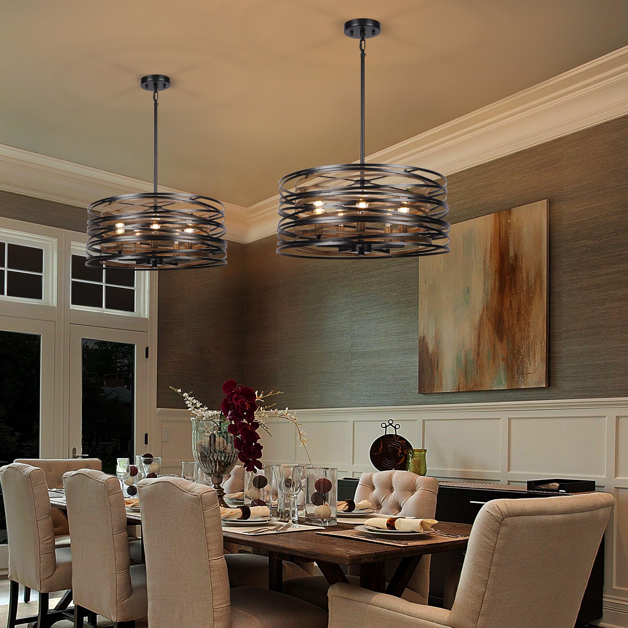 Sigaitwei wood grain drum chandelier close-up highlighting natural texture.