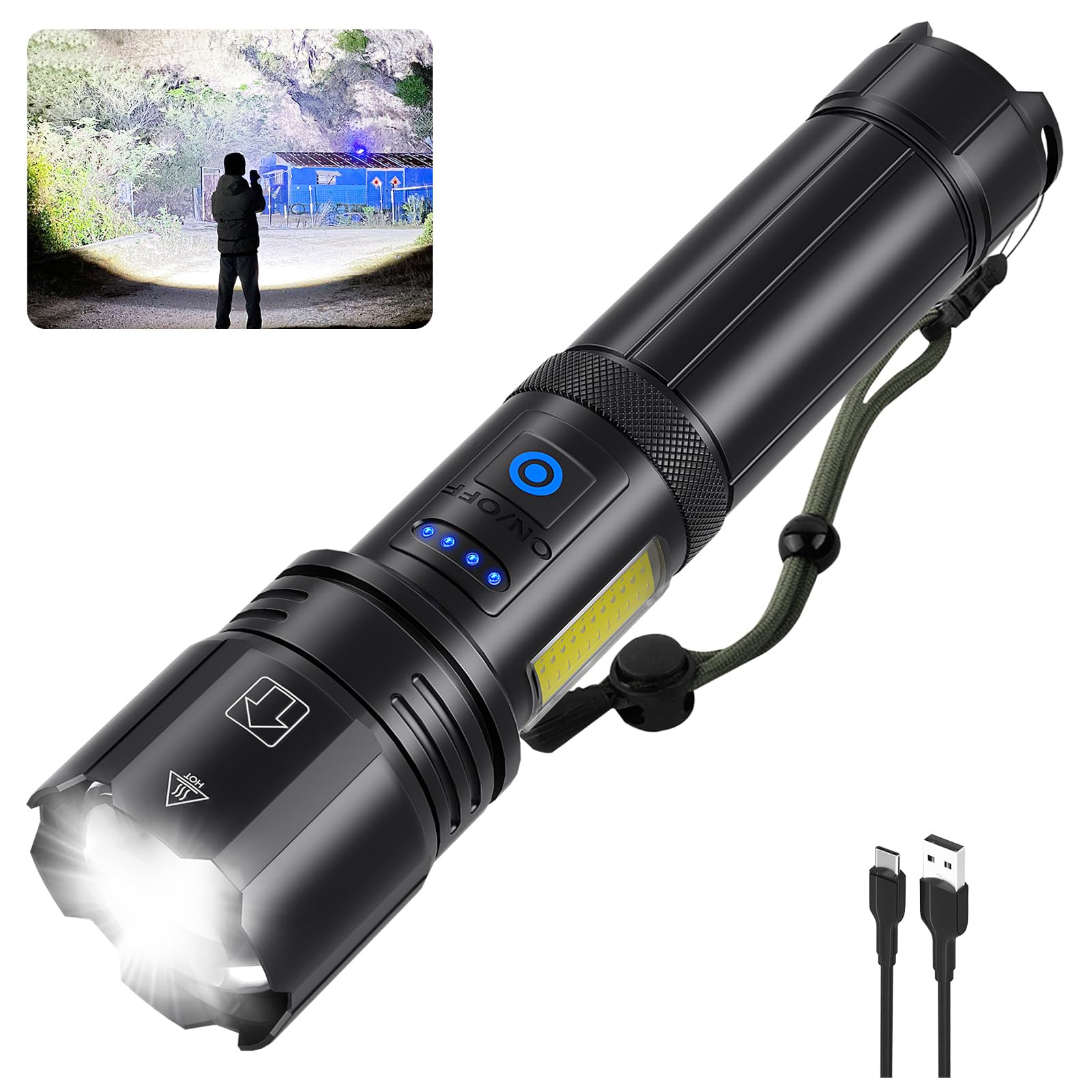 Sigoobal flashlight front view highlights 99000 lumens for outdoor visibility.