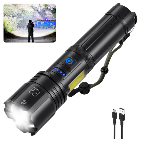 Sigoobal flashlight front view highlights 99000 lumens for outdoor visibility.