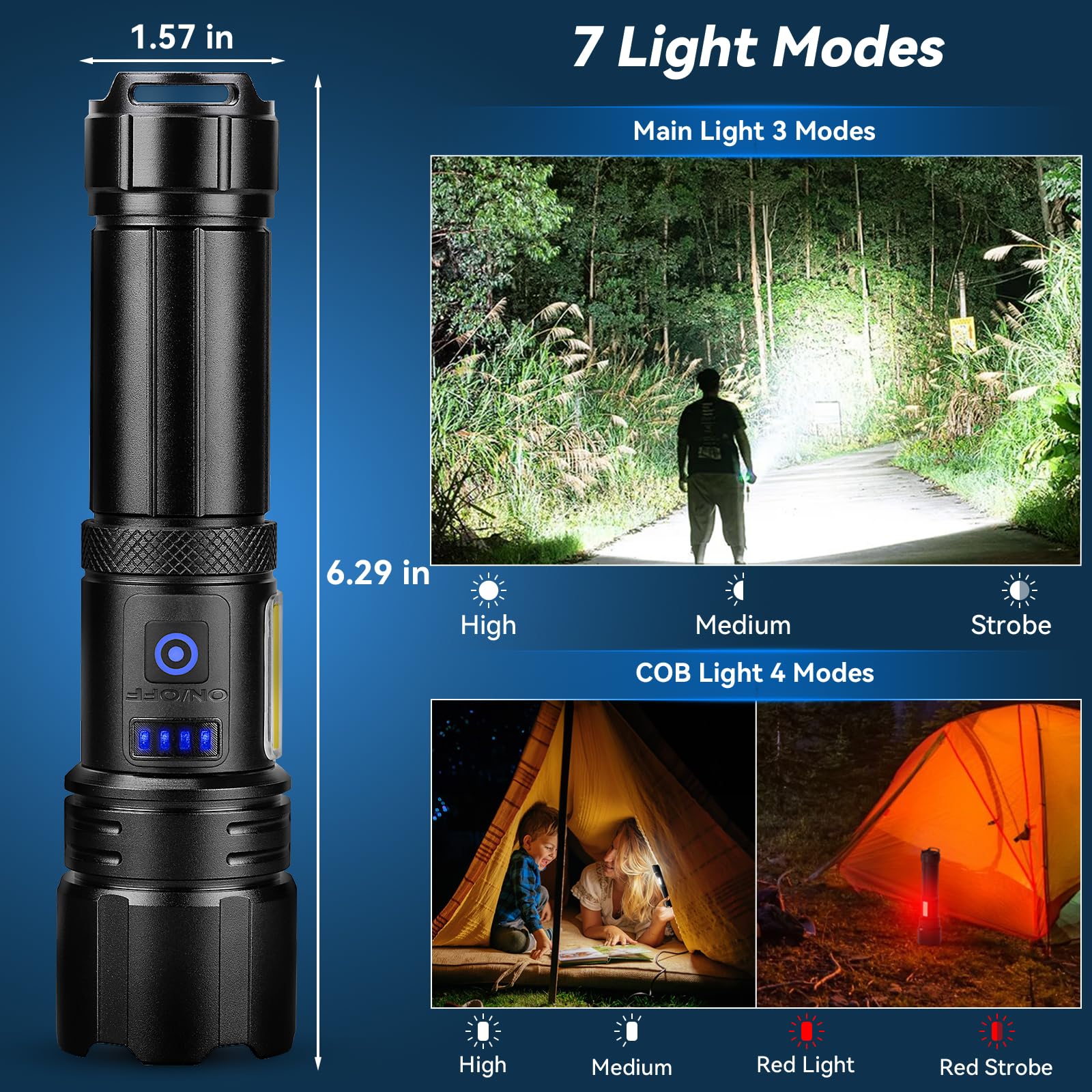 Sigoobal flashlight side lights with high, medium, and red modes for night use.