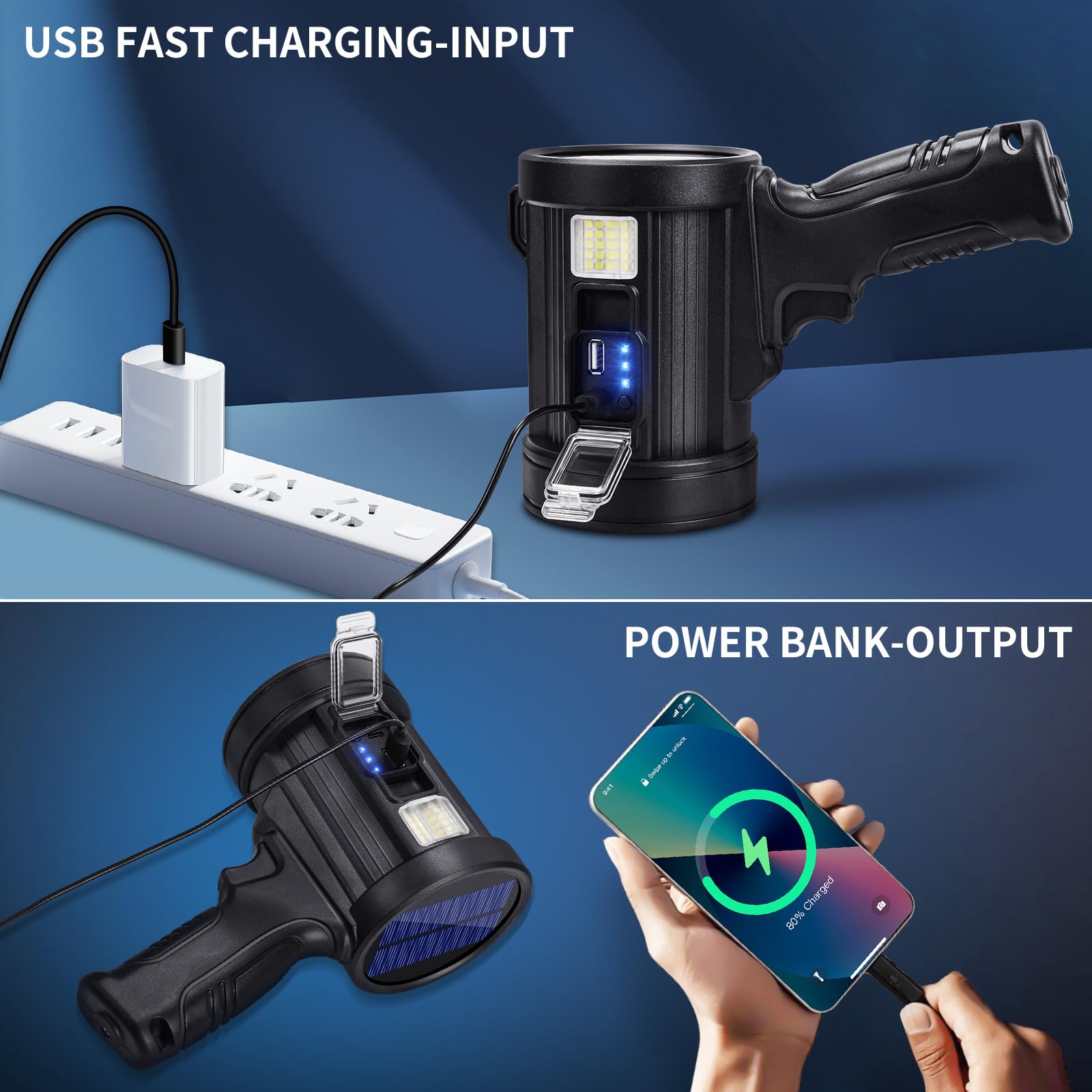 Sigoobal Rechargeable Spotlight solar charging panel enables daytime topping off.