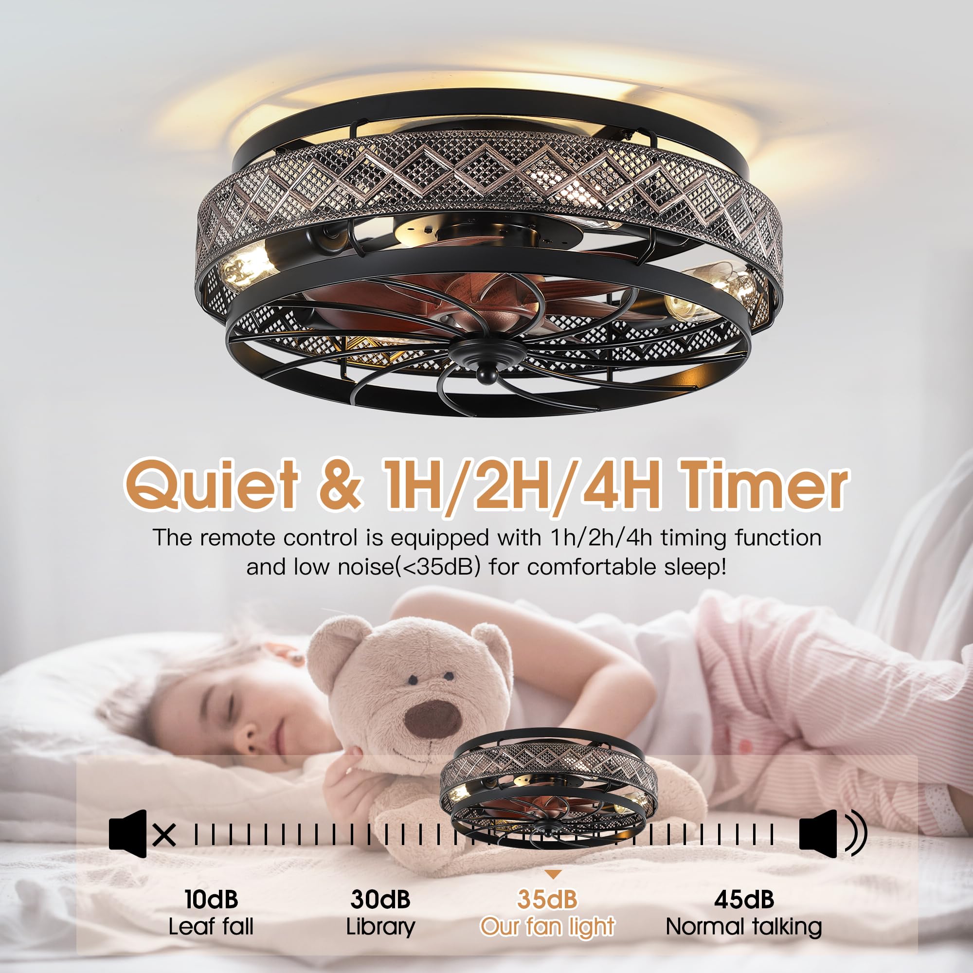 SHIHOT industrial-style ceiling fan with light front view and robust cage detail.