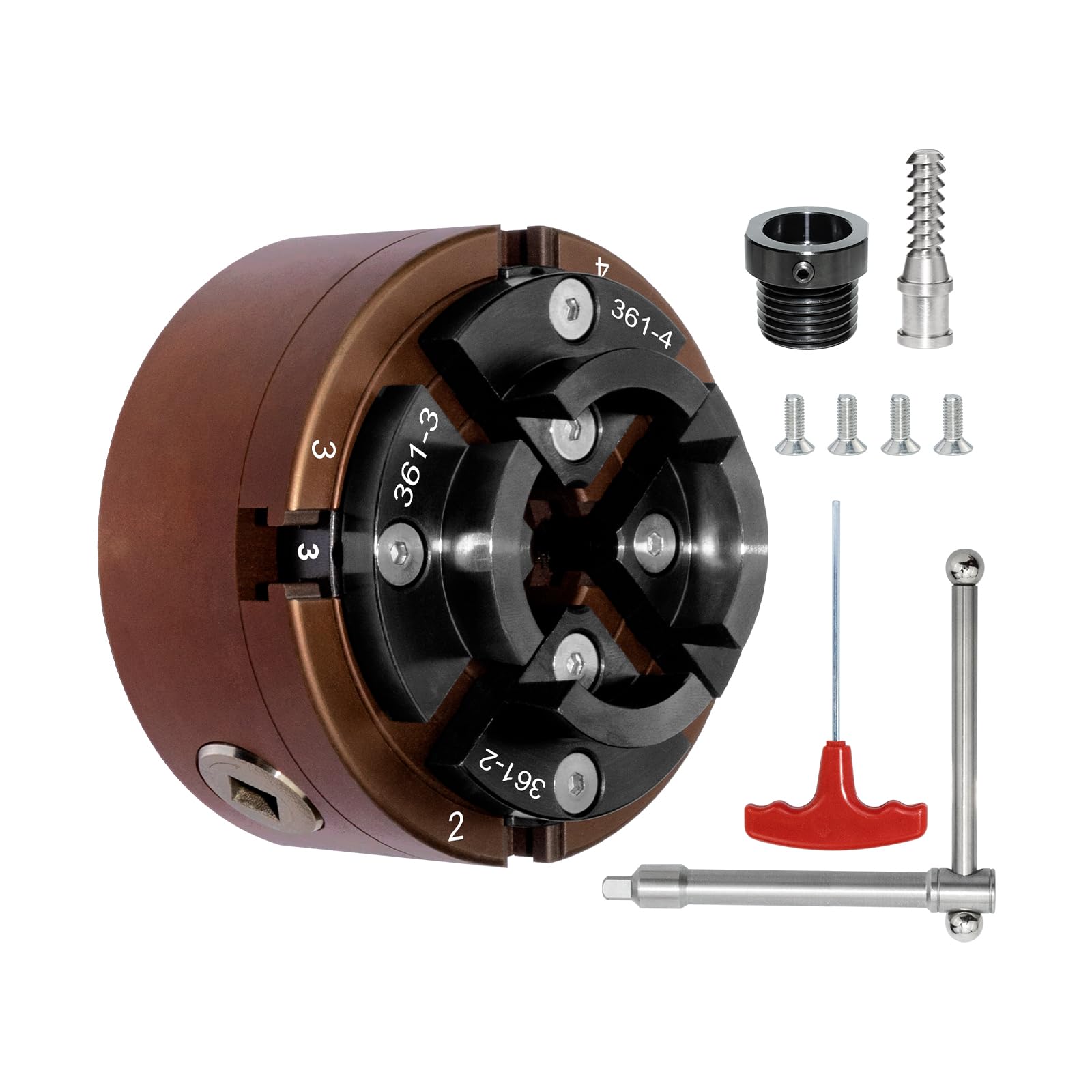 SIIIXS 4-inch wood lathe chuck offers stable wood turning with self-centering jaws.