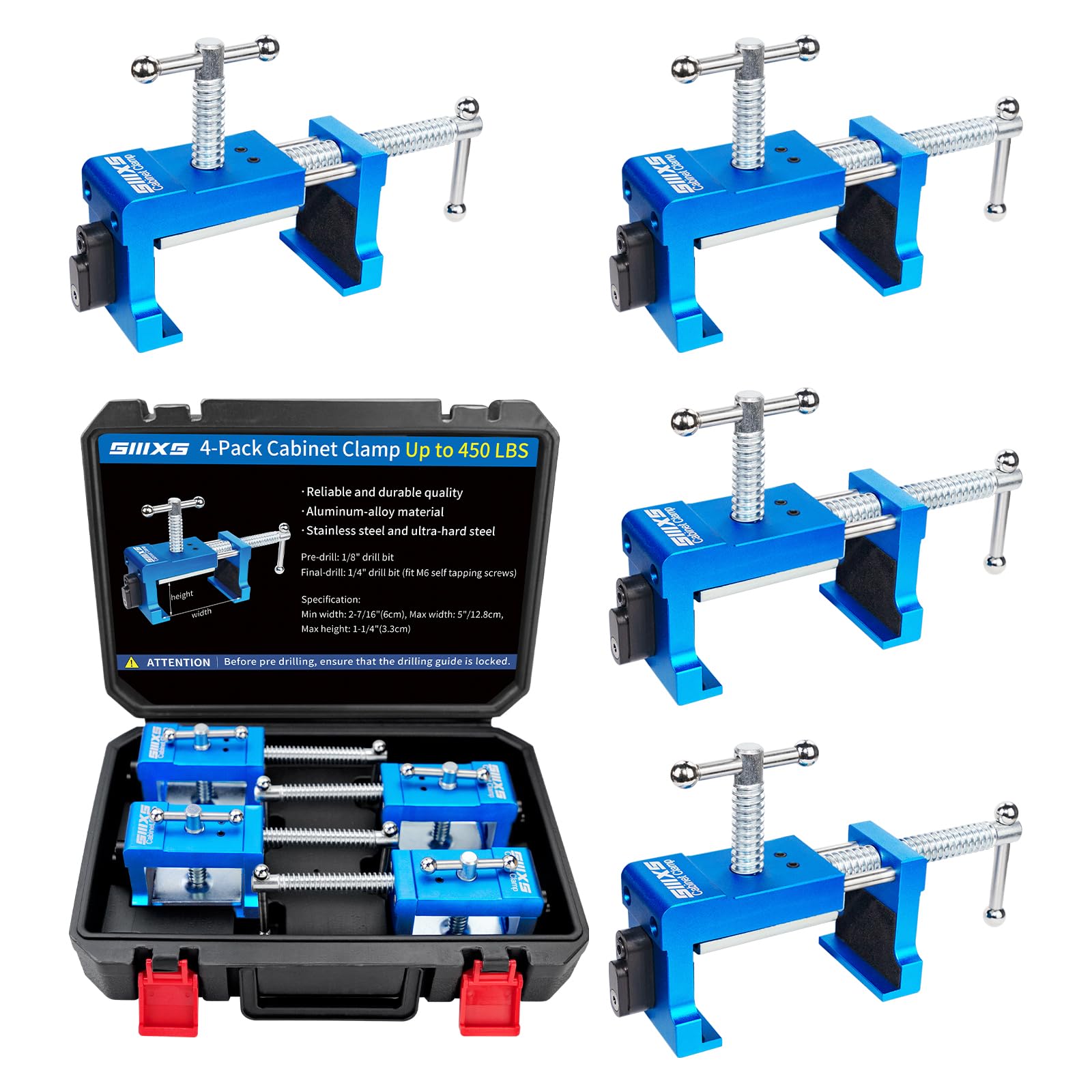 SIIIXS four-pack cabinet clamps securing panels during installation.