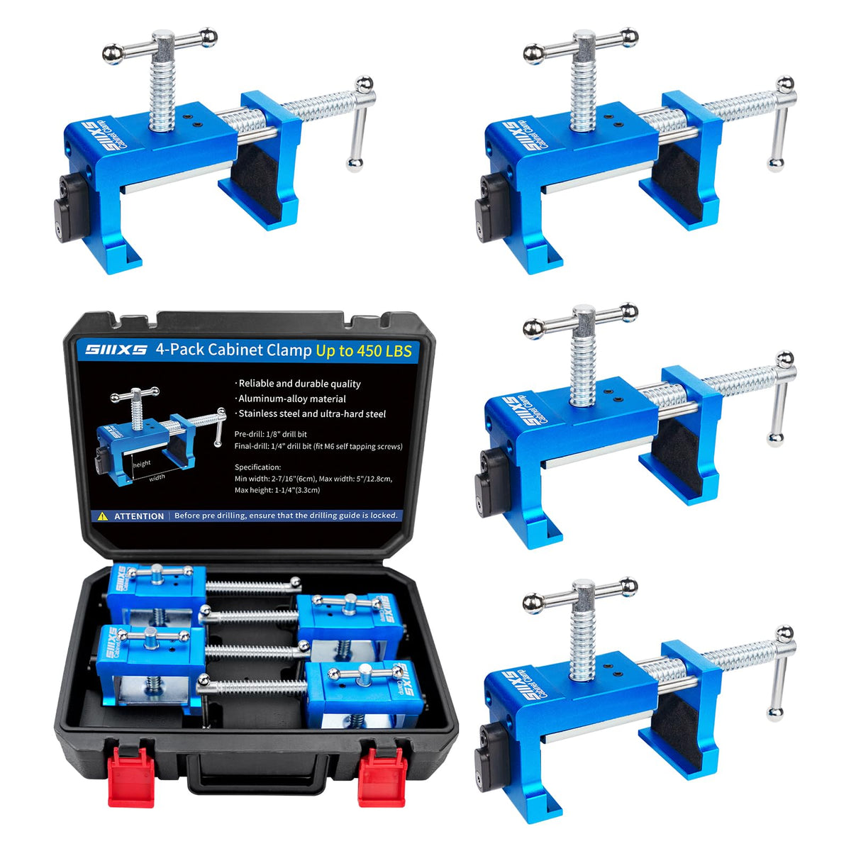 SIIIXS four-pack cabinet clamps securing panels during installation.