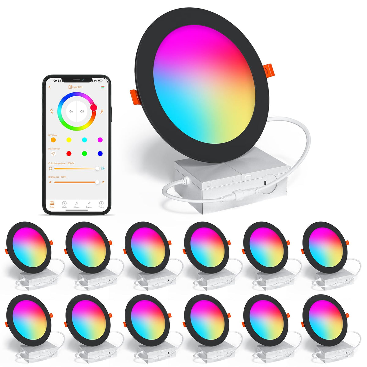 SikSog black 6-inch RGB-CW downlight angle view for ambient color control