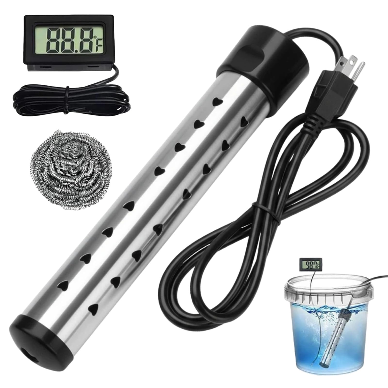 Silanit 1500W immersion heater in bucket for rapid hot water.