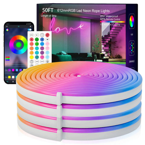SILFU Neon Rope Lights 50ft showcases vivid RGB color for ambient room lighting.