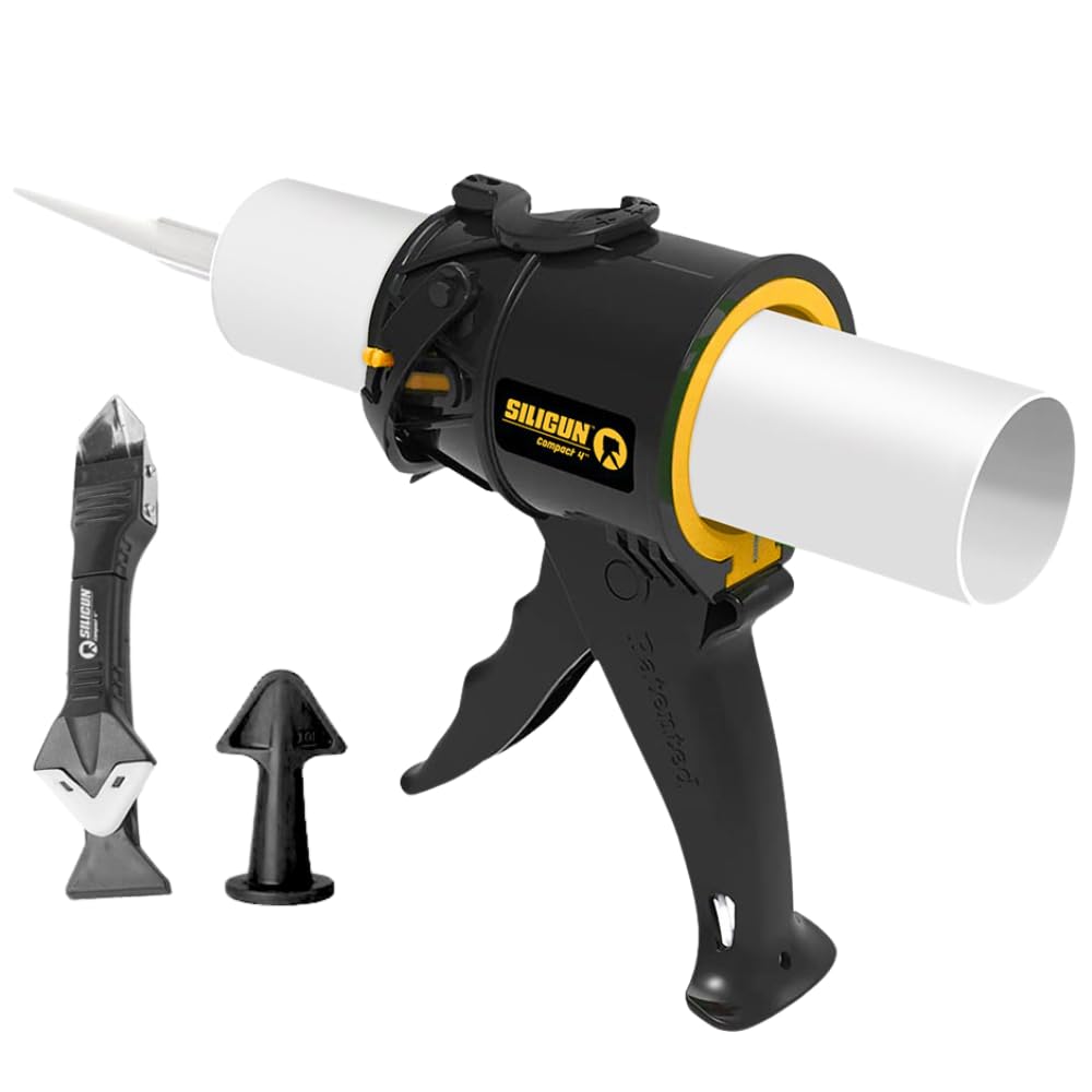 SILIGUN compact caulking gun front view shows no-drip design for clean finishes.