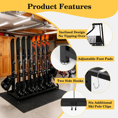 SILKPE rack in a garage setup organizing skis, boots, and helmets.
