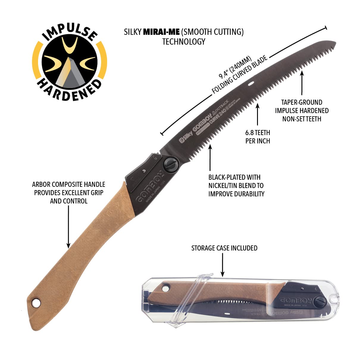 Silky Gomboy Curve taper-ground impulse-hardened teeth for durable cutting.