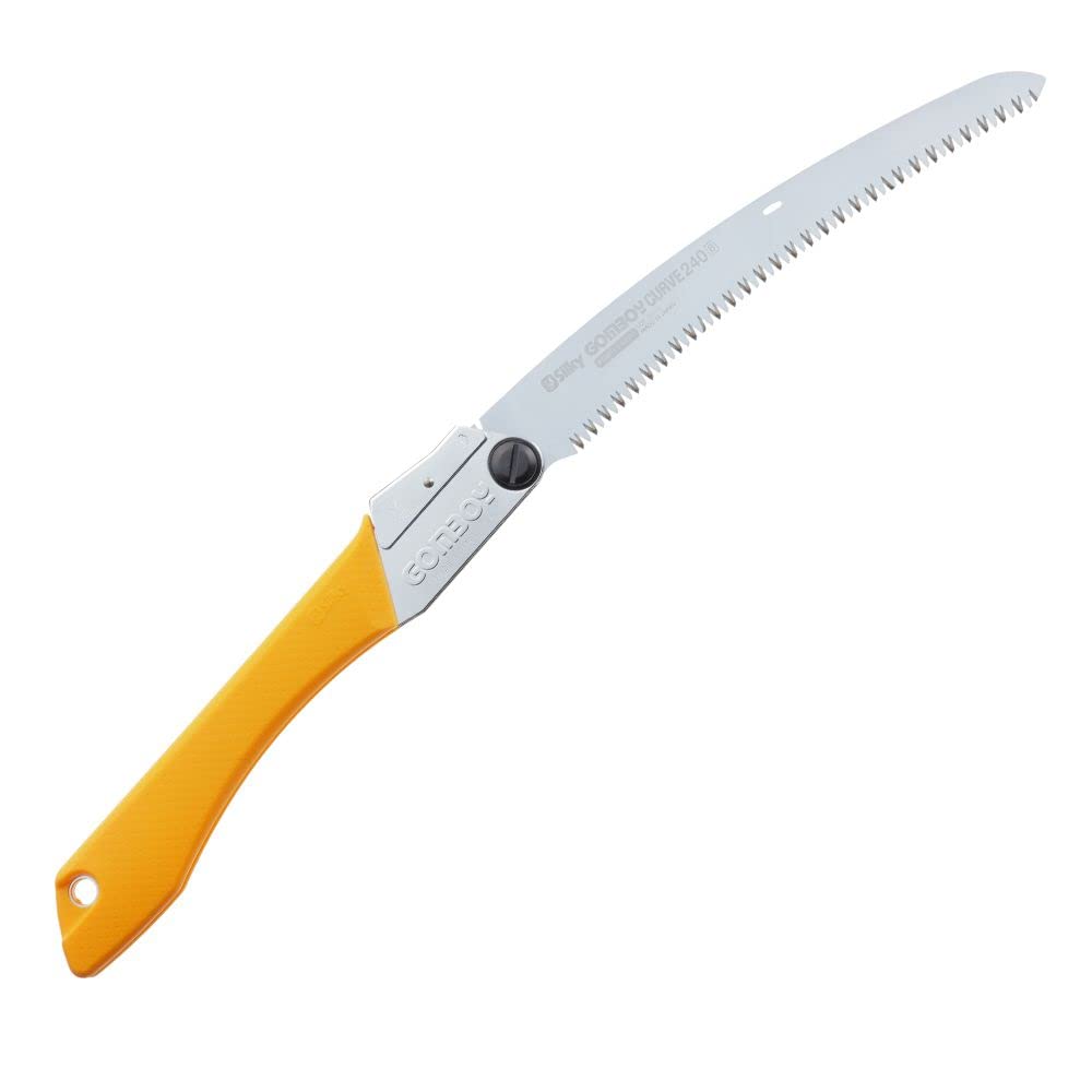 Silky GomBoy Curve Pro saw blade opened for precise pruning.