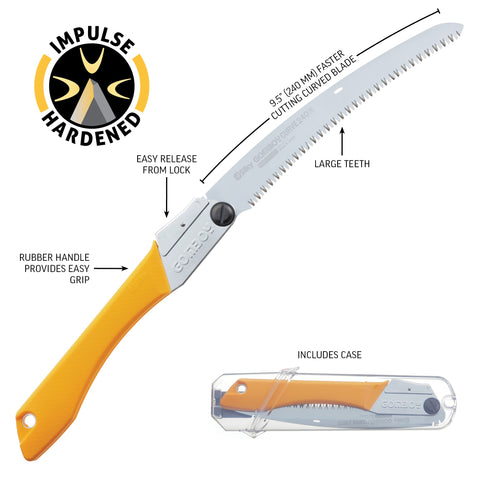 Silky GomBoy Curve Pro saw with ergonomic handle grip.