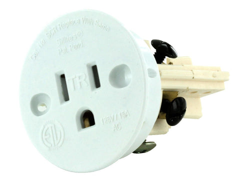 Sillites self-contained receptacle front view, compact 15A outlet for candles.