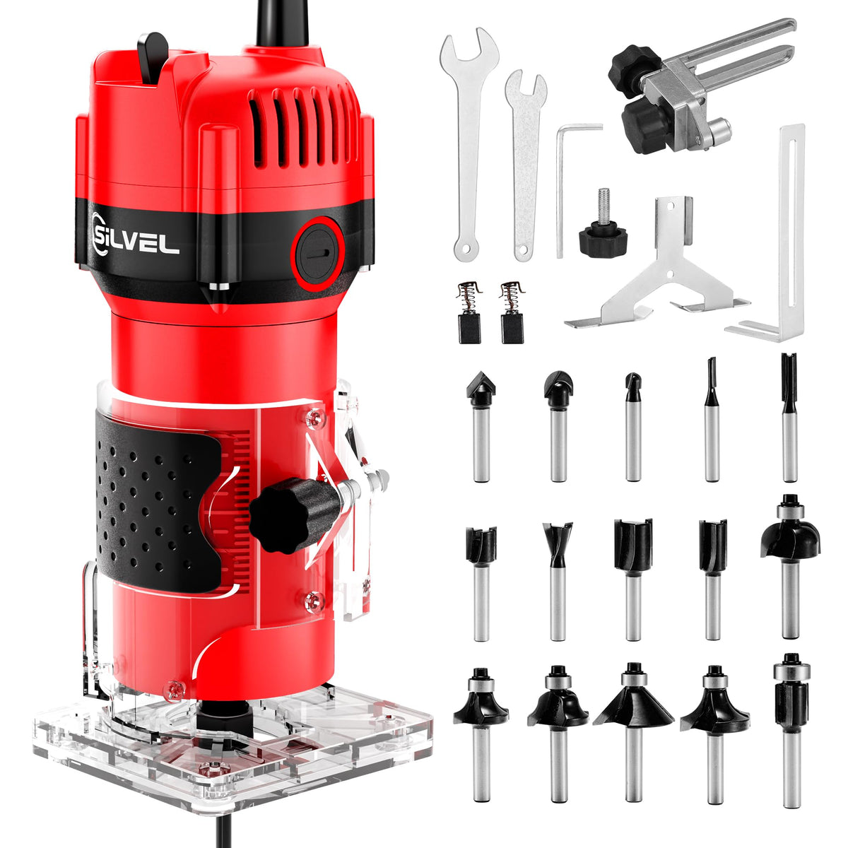 SILVEL Wood Router front view shows robust 800W motor for precise cuts.