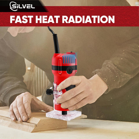 SILVEL Wood Router straight guide demonstrates precise alignment during edge routing.