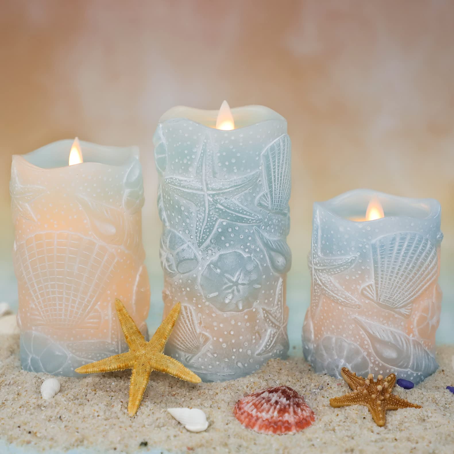 Silverstro ocean flameless seashell candles blue set creates coastal ambiance safely.