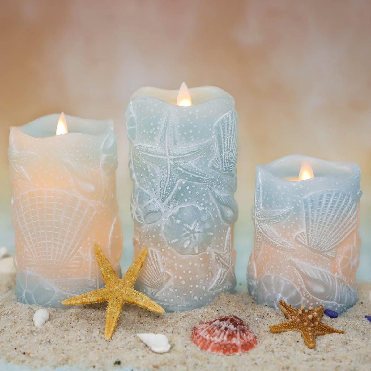 Silverstro ocean flameless seashell candles blue set creates coastal ambiance safely.