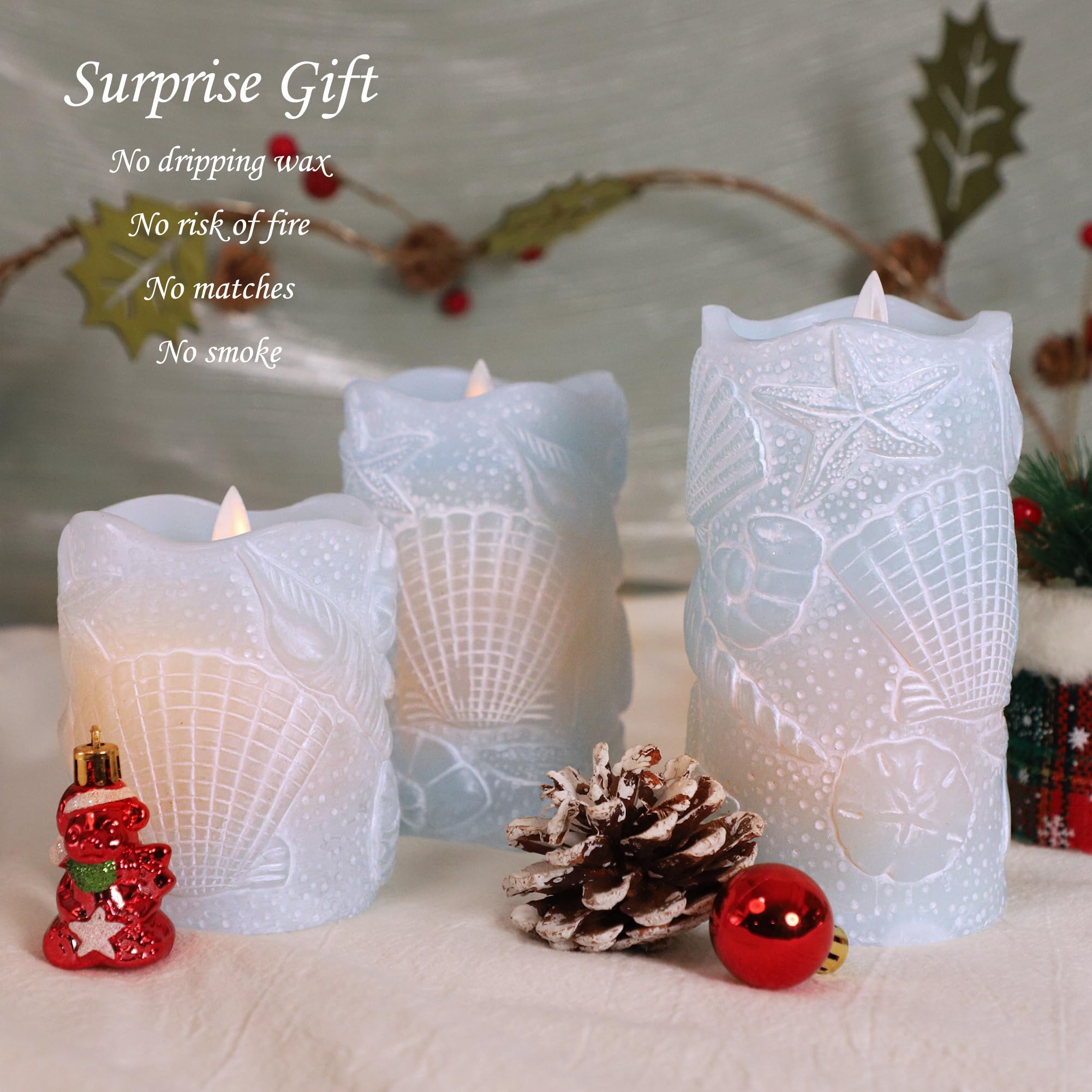 Silverstro blue seashell candle adds safe decor to meals.