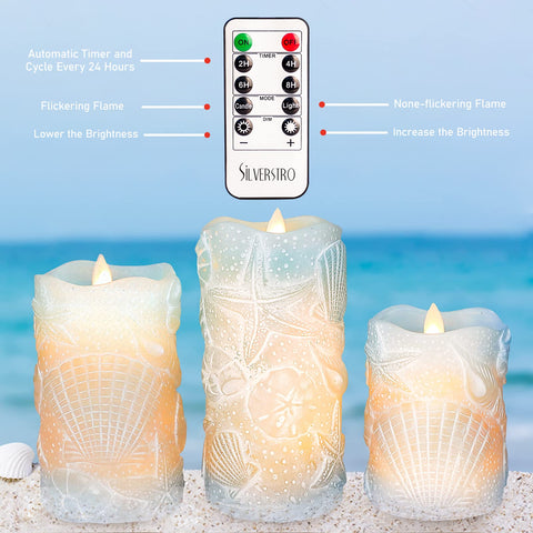 Silverstro three-pack seashell candles brighten tables and mantels.