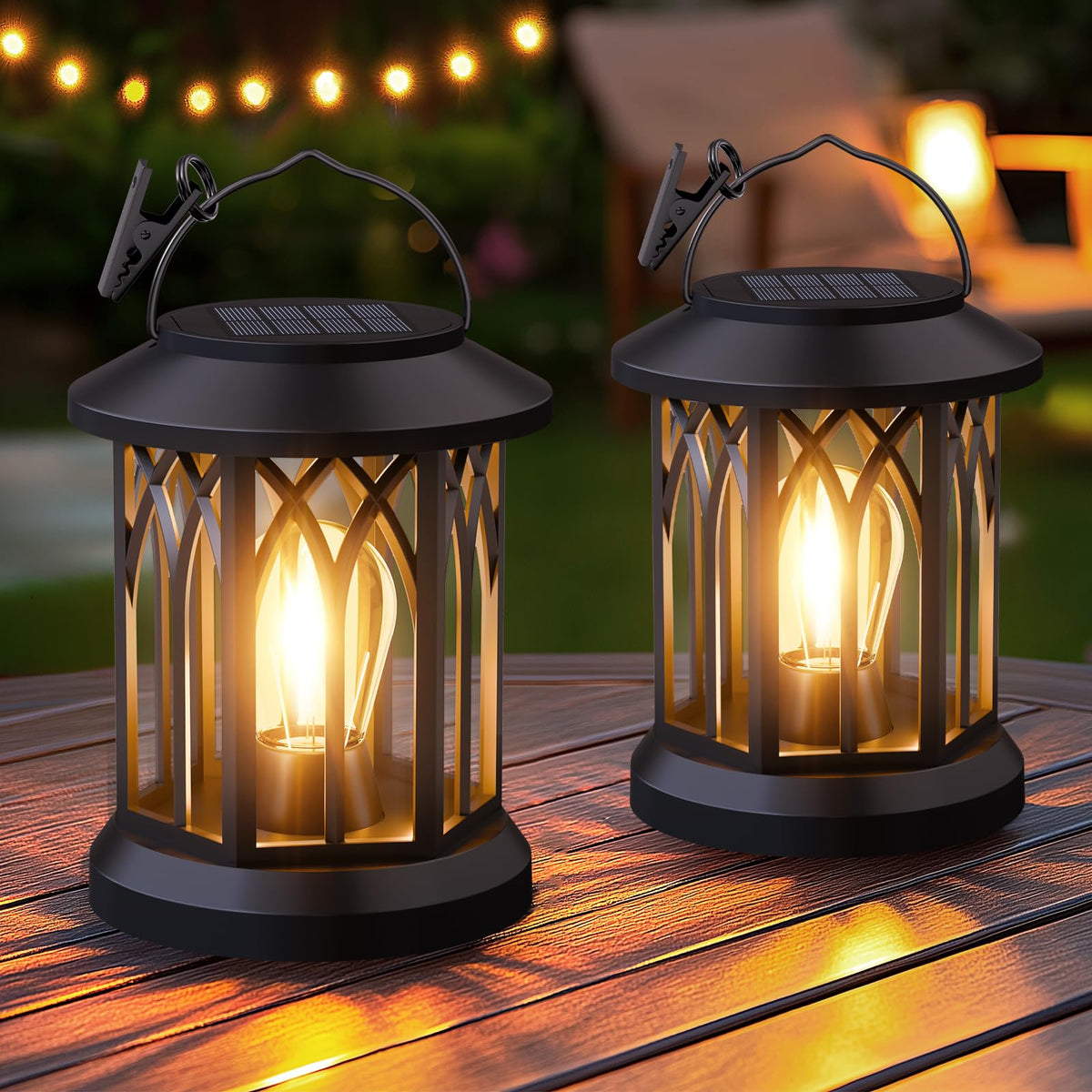 SIMLIX hanging solar lantern with clip for versatile outdoor lighting all season.