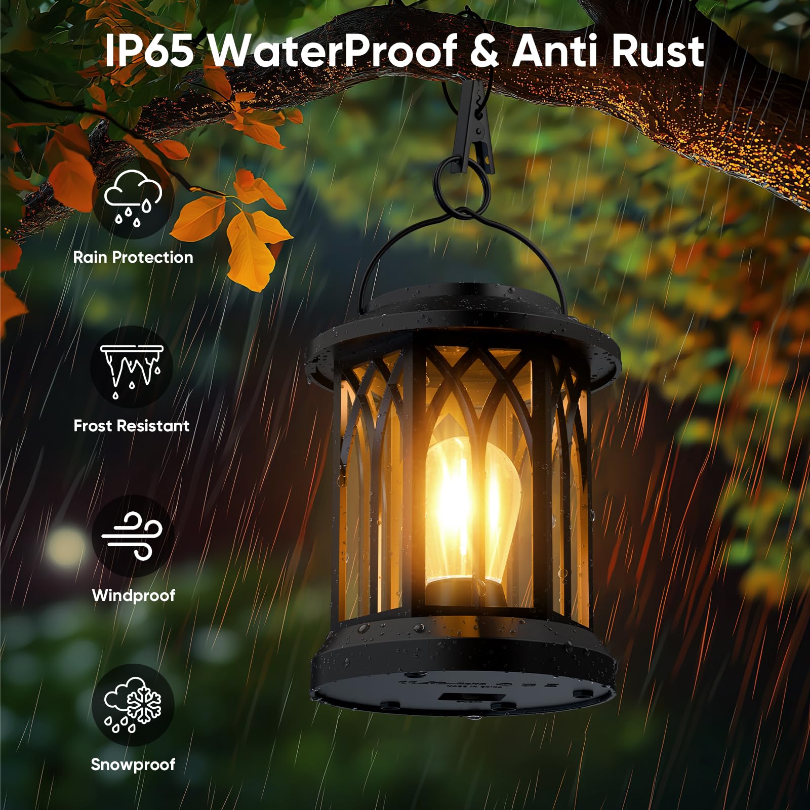 SIMLIX solar lantern outdoor with IP65 waterproofing for rain-safe illumination.