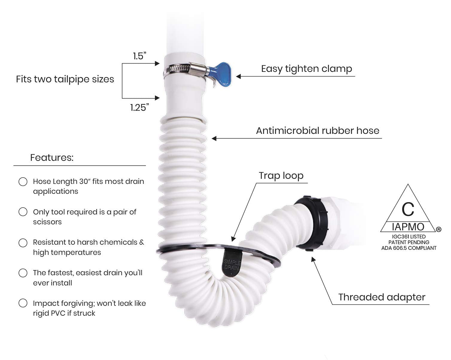 Simple Drain self-purging feature helps keep drains flowing smoothly