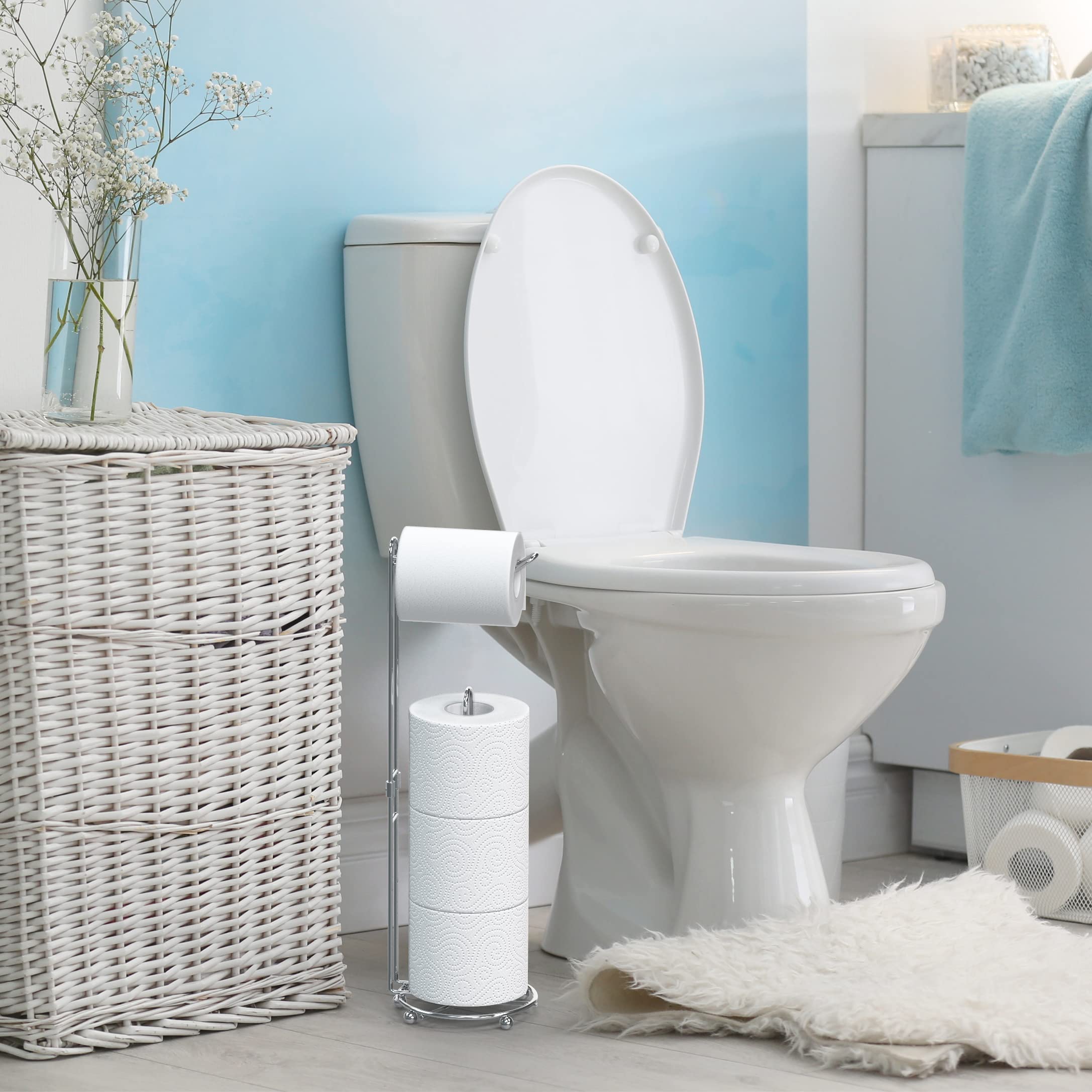 Simple Houseware chrome bathroom tissue rack keeps rolls organized and accessible.