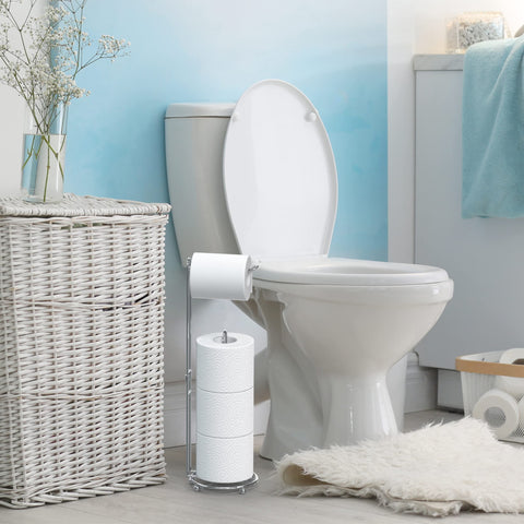 Simple Houseware chrome bathroom tissue rack keeps rolls organized and accessible.