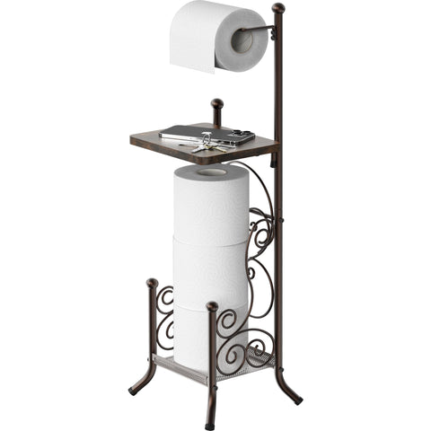 Simple Houseware bronze toilet roll holder stand shows four-roll capacity for convenient backups.