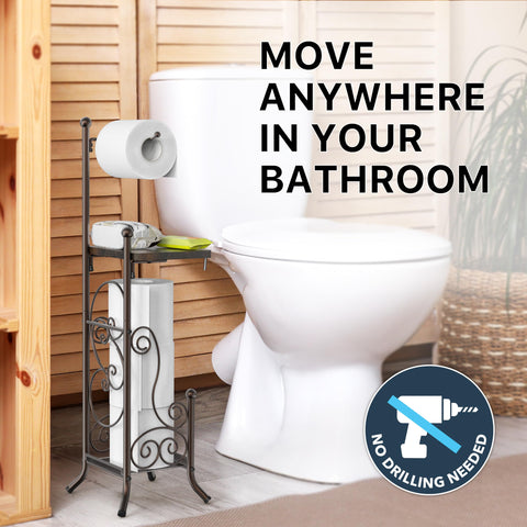 Simple Houseware bronze toilet roll holder shows four-roll capacity for uninterrupted supply.