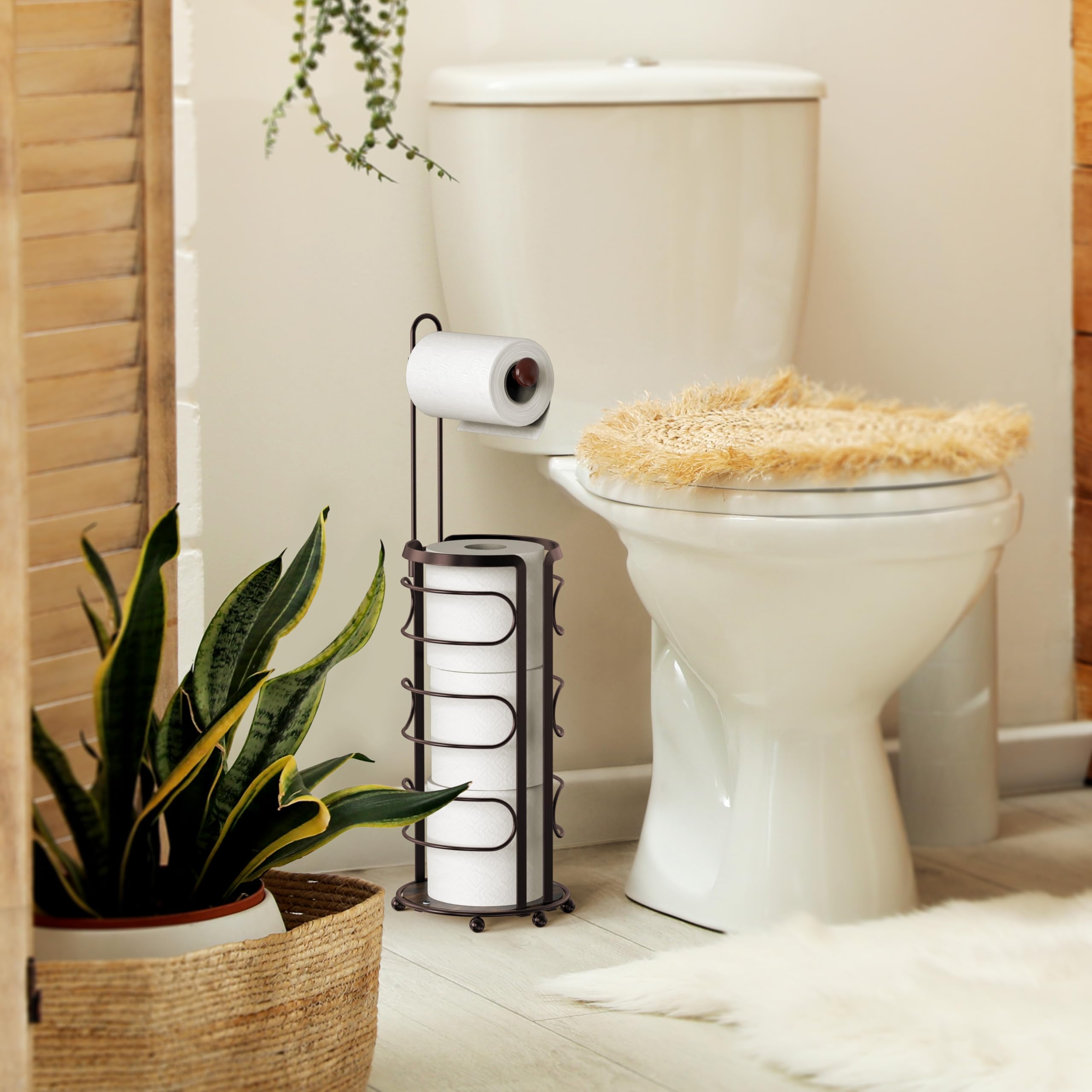 Simple Houseware bronze toilet paper holder capacity shows four-roll storage for backups